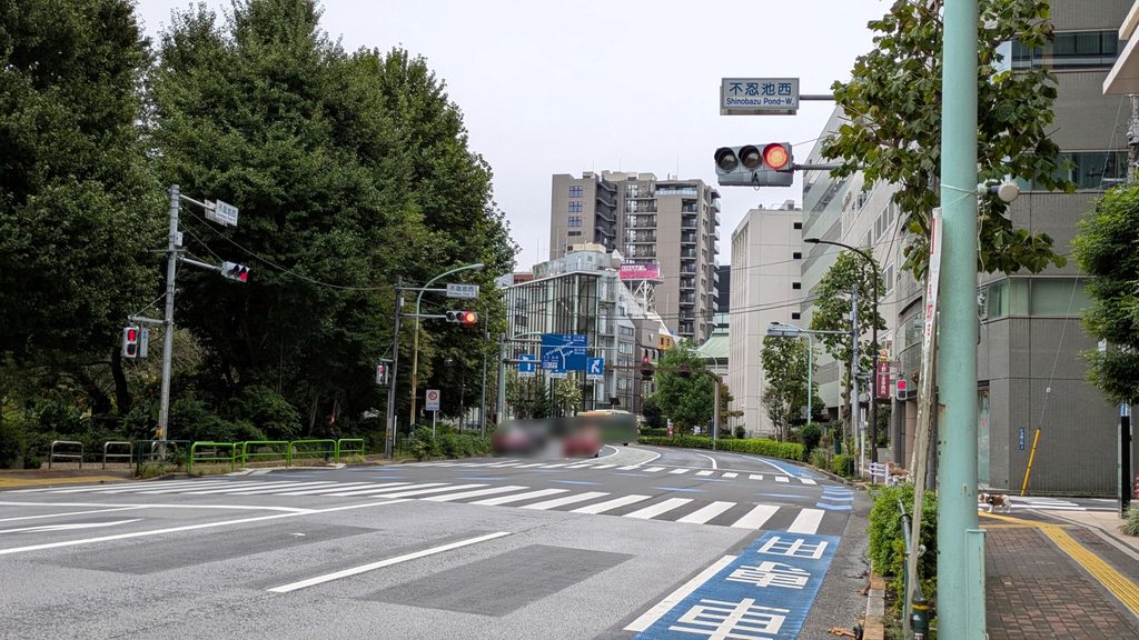 不忍池西交差点の横断歩道付近は、かつての中橋跡とされる場所です。